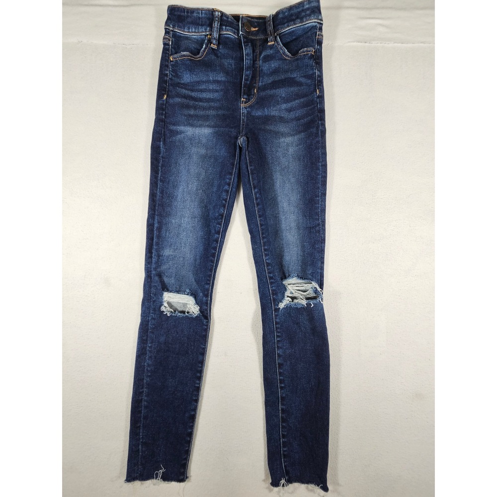 American Eagle Super Hi-Rise Jegging Dark Wash Distressed Raw Hem Jeans Size 0